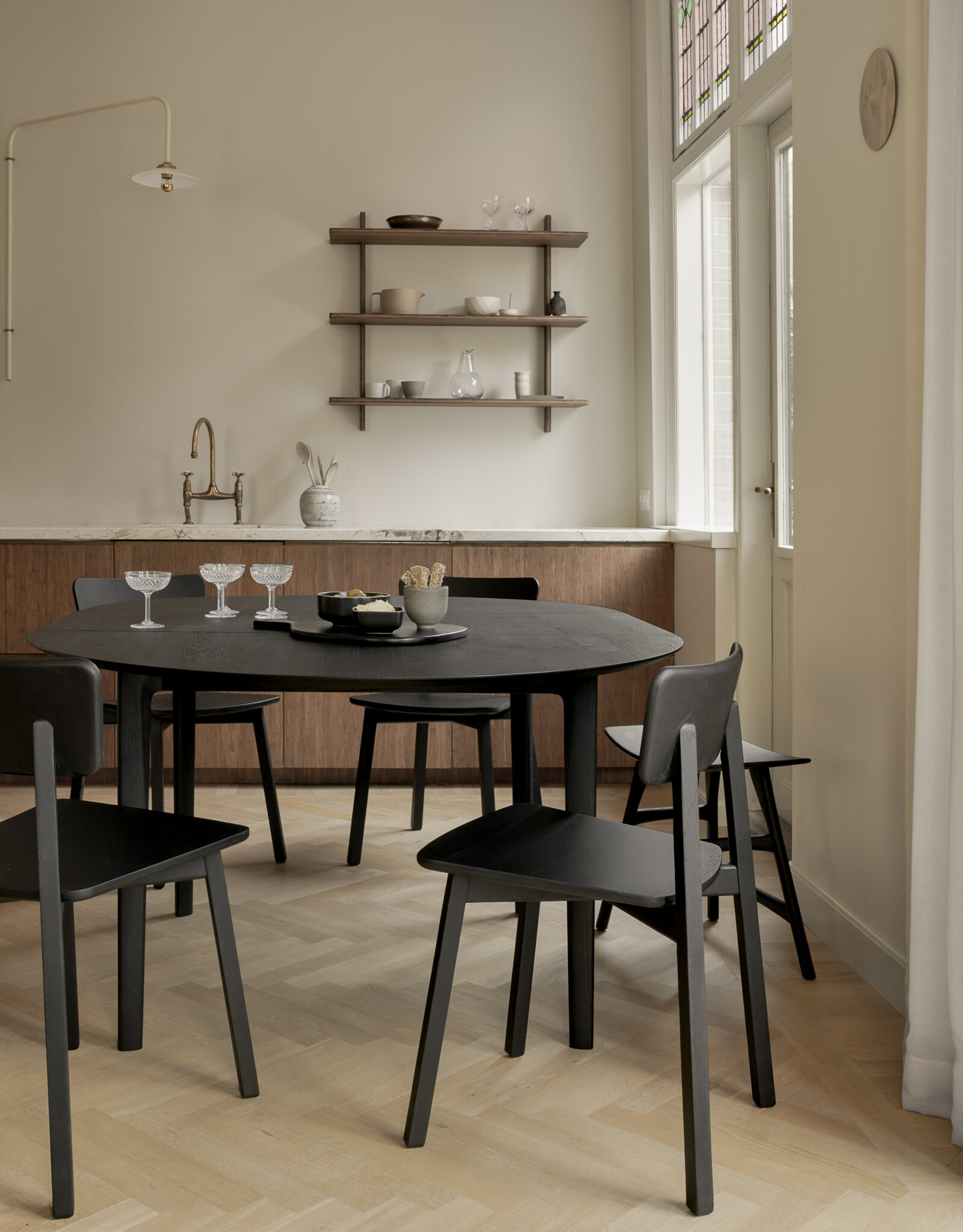 Bok Extendable Dining Table, Round Black Oak 51 and 70.5in