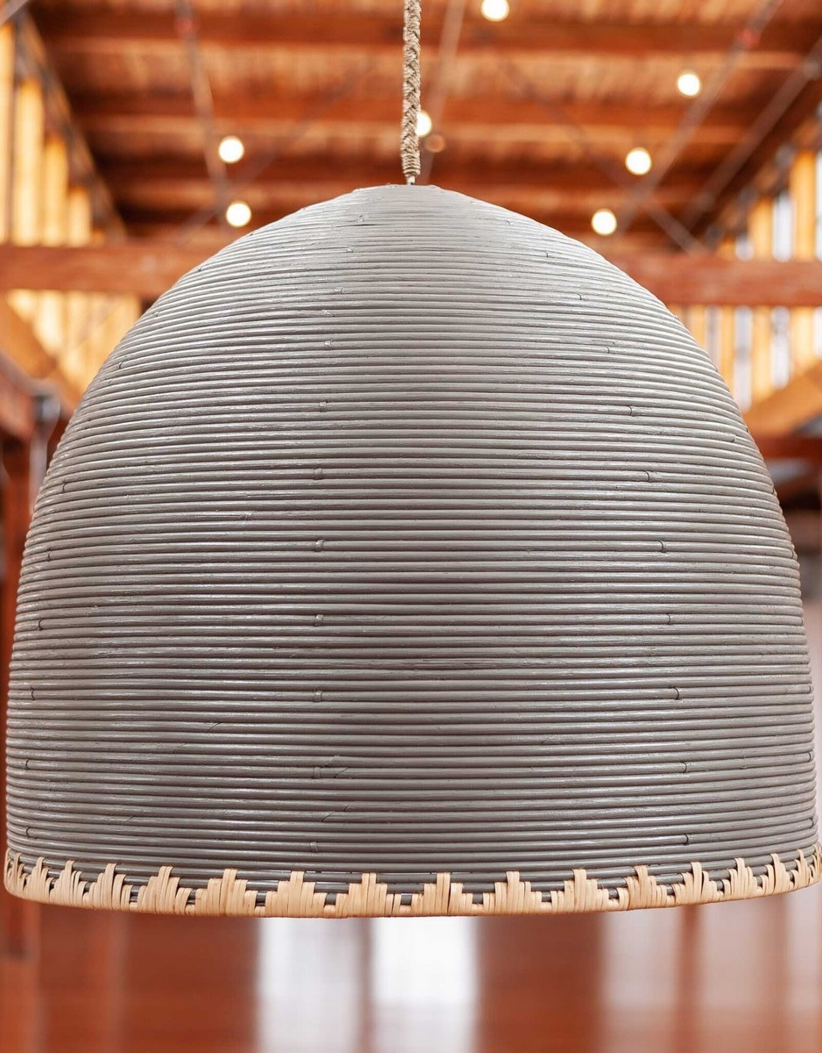 35in Maya Rattan Dome Chandelier, Light Gray