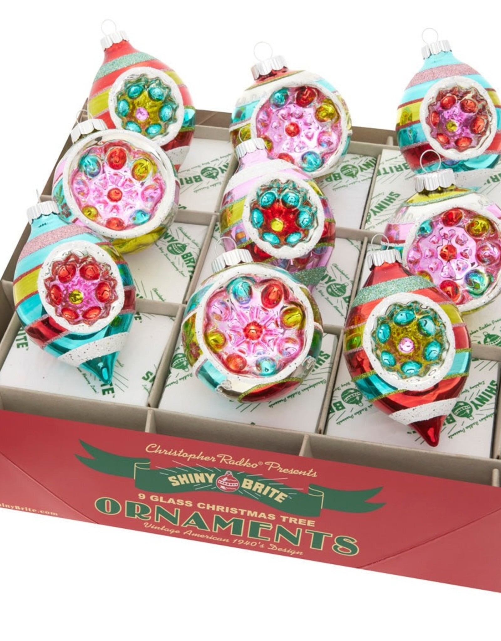 Christopher Radko Shiny Brite Festive Fete 2.5in Decorated Rounds & Reflector Tulips, 9-Count