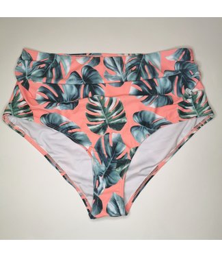 Coral Leafy Tropical Tiki High Wait Bikini Bottom Vintage Retro
