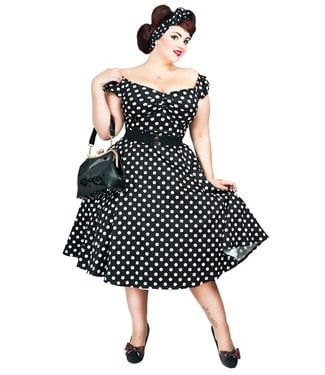 Vintage Rockabilly Black White Polka-dot plus size dress with sleeves