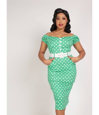 Collectif Robe Blanche Ajusté Verte à Pois