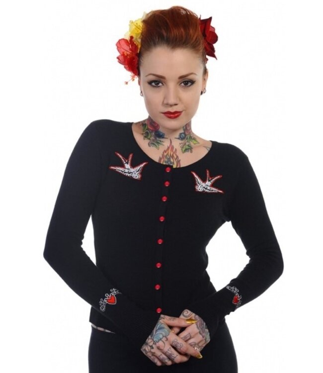 Black Hybrid Cardigan With Red Swallows