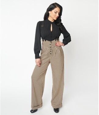 Unique Vintage Black And Beige Thelma Suspender Pants