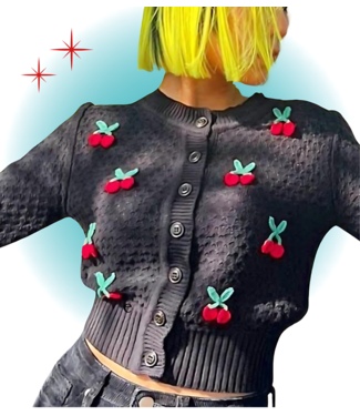 Black Knitted Cardigan with Cherries