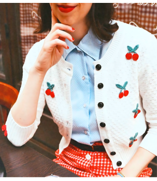 White Knitted Cardigan With Cherries