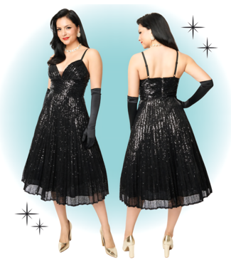 Unique Vintage Black Flare 1950 Pleated Sequin Dress