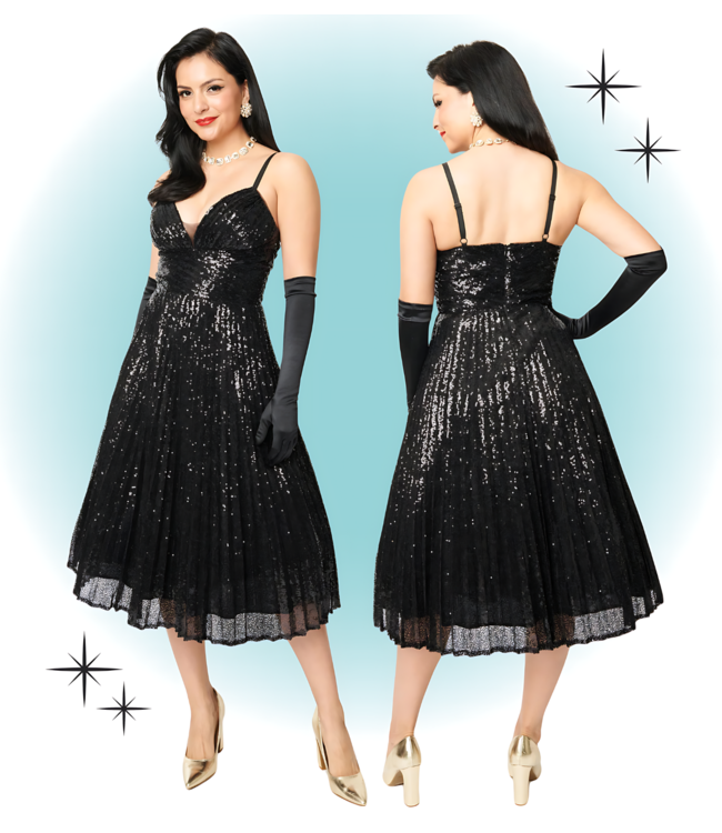 Black Flare 1950 Pleated Sequin Dress
