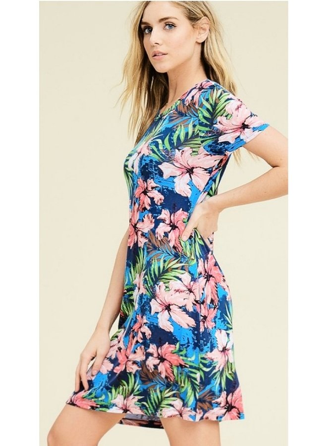 short sleeve tropical print dress with 