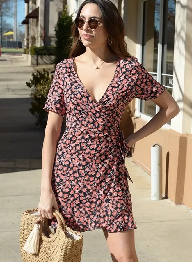 Red Floral Wrap Dress