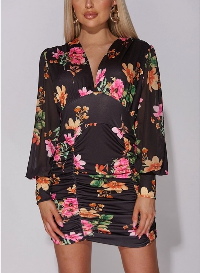 Floral Balloon Sleeve Ruched Mini Dress
