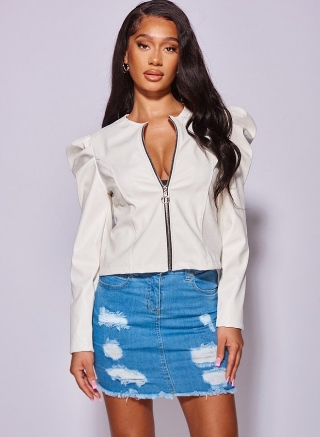 Faux Leather Puff Sleeve Jacket