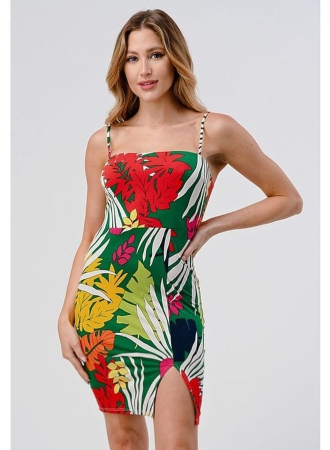Tropical Print Spaghetti Strap Dress