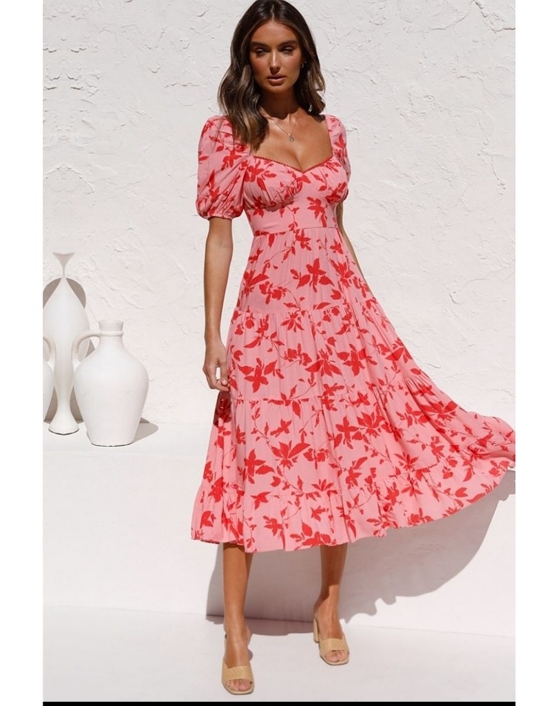 Red Floral Tiered Midaxi Dress