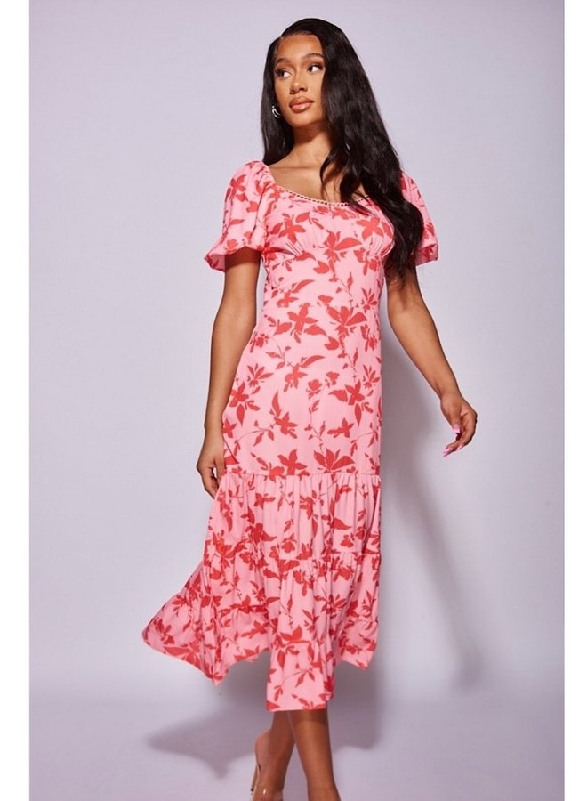 Pink Floral Puff Sleeve Tiered Midaxi Dress