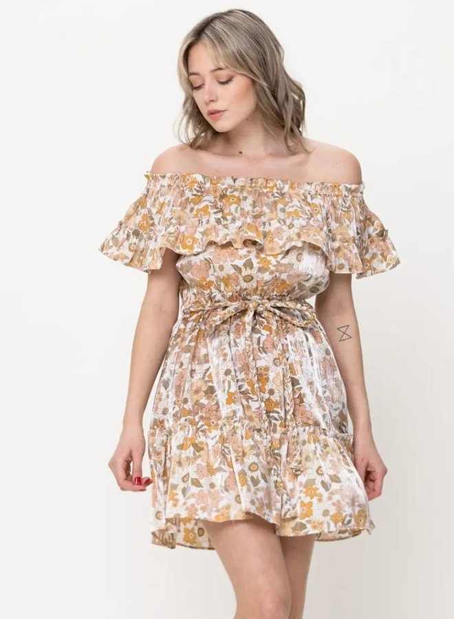 Off Shoulder Print Ruffle Mini Dress