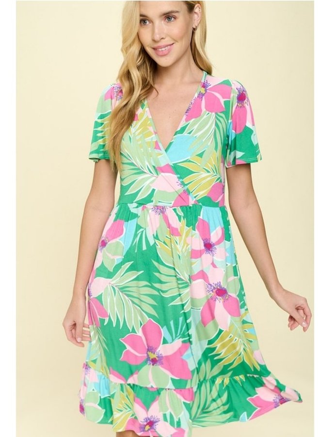 Tropical Print Dress with ruffle bottom
