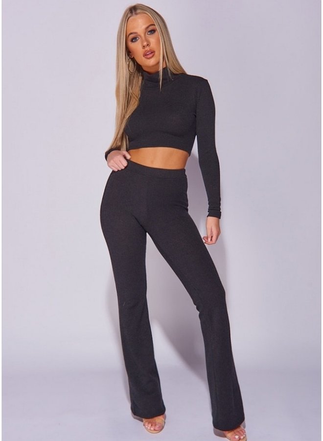 Knitted polo neck top and flared trouser set