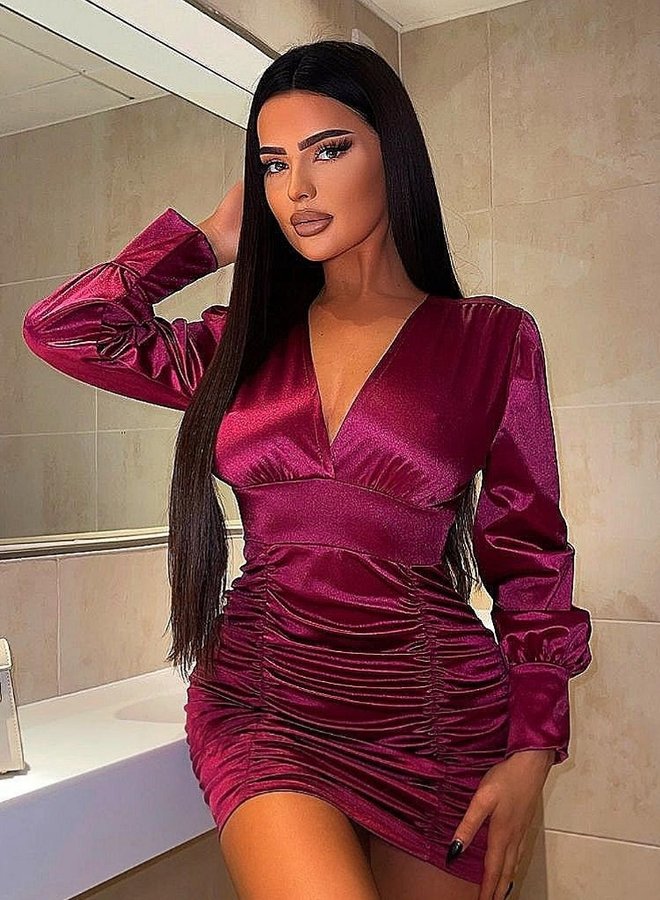 Satin ruched long sleeve dress