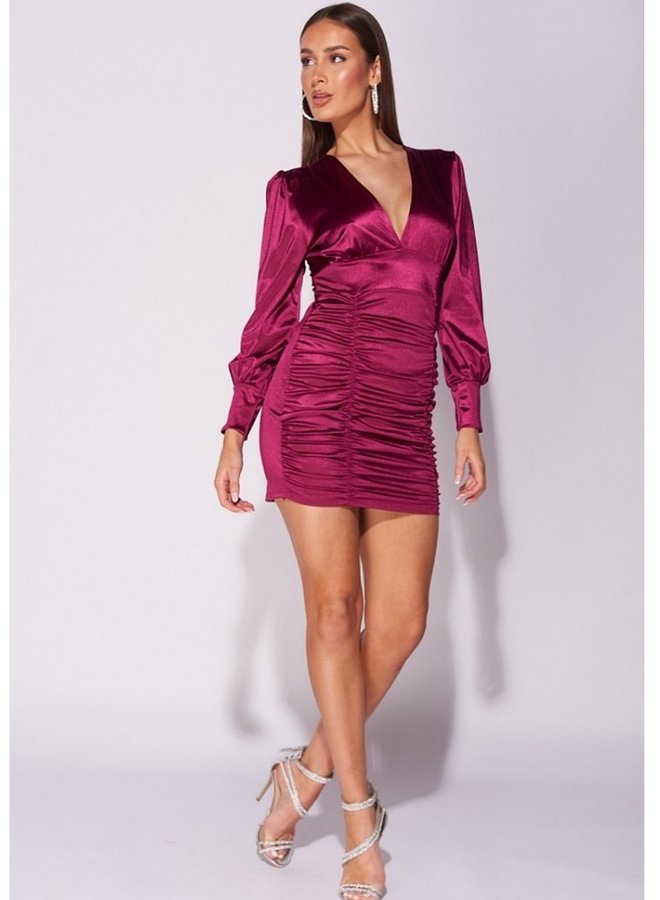 Satin ruched long sleeve dress