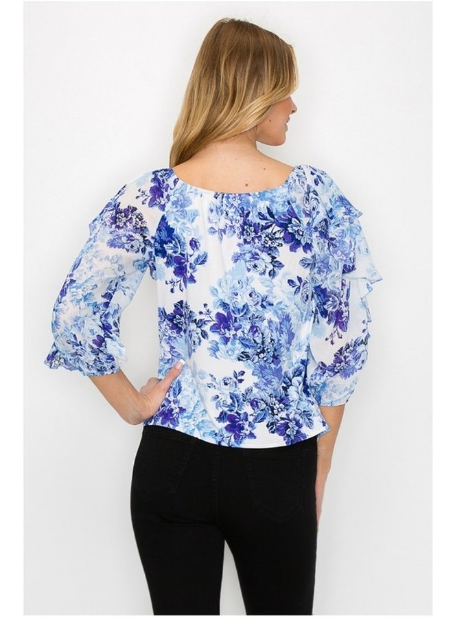 Printed flutter off shoulder 3/4 sleeve blouse