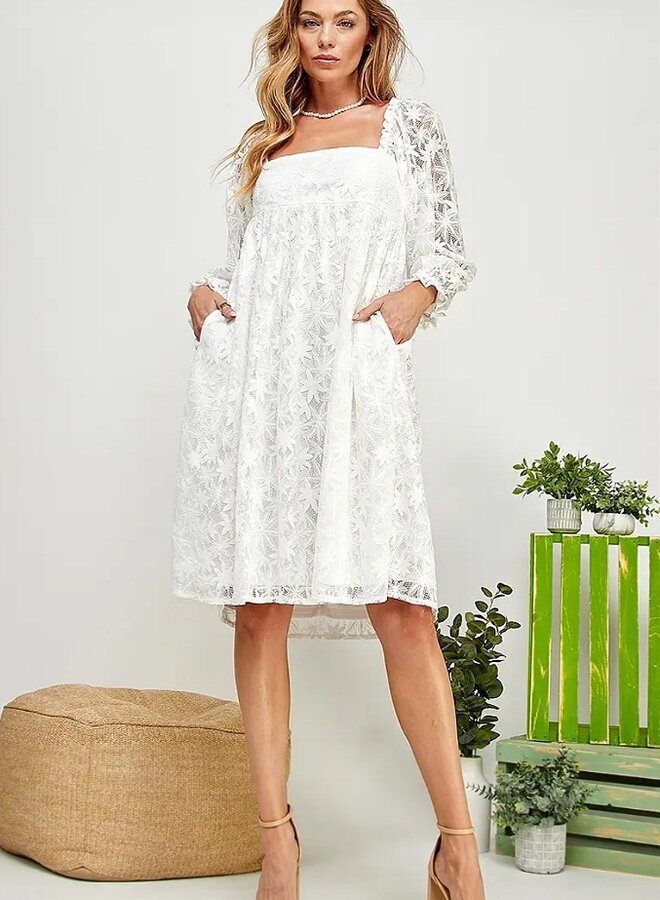 Floral textured lace peasant sleeve dress