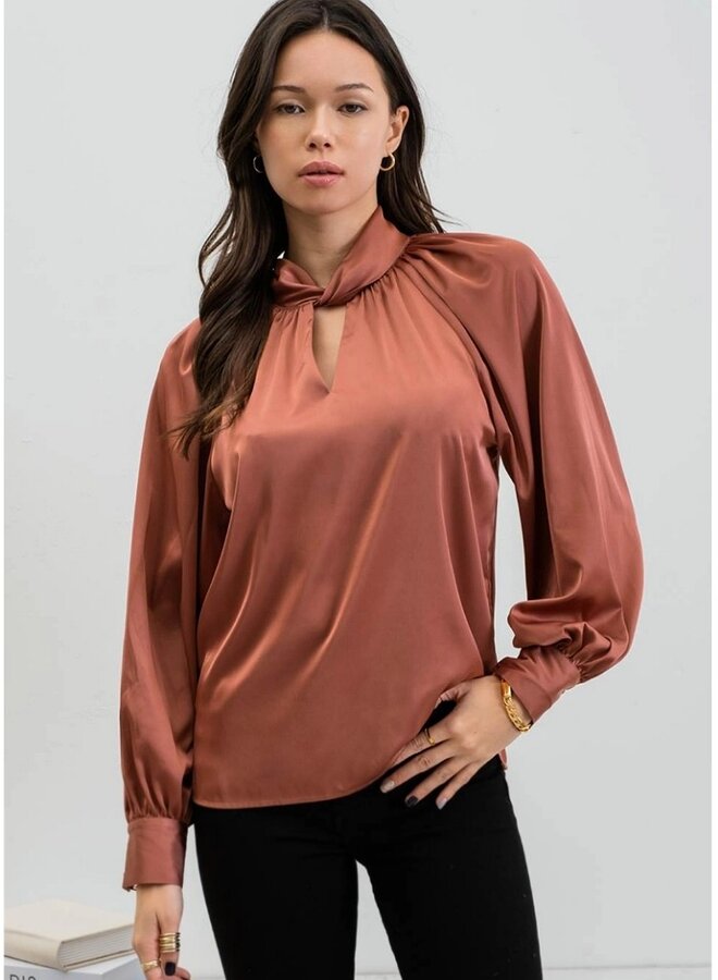 Twist keyhole mock neck blouse