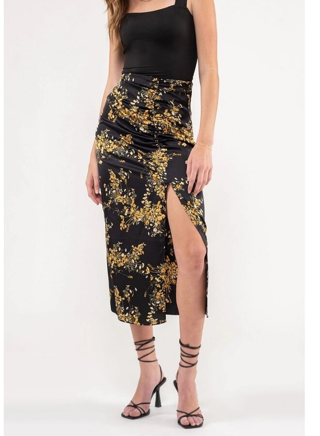 Ruched Floral Side Slit Midi Skirt