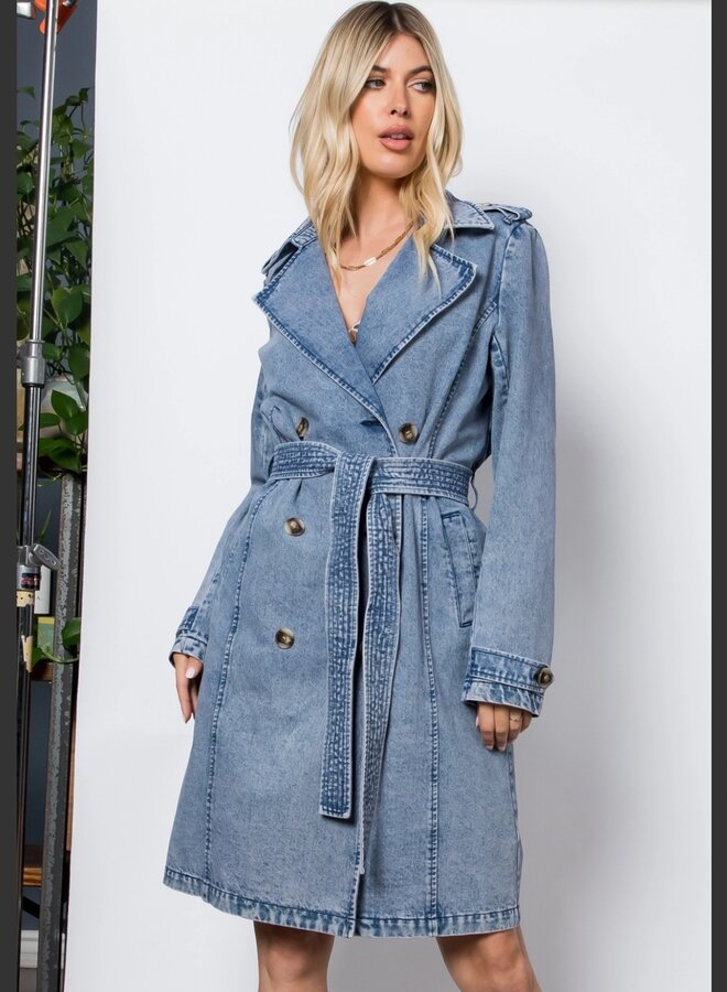Washed Denim Long Trench