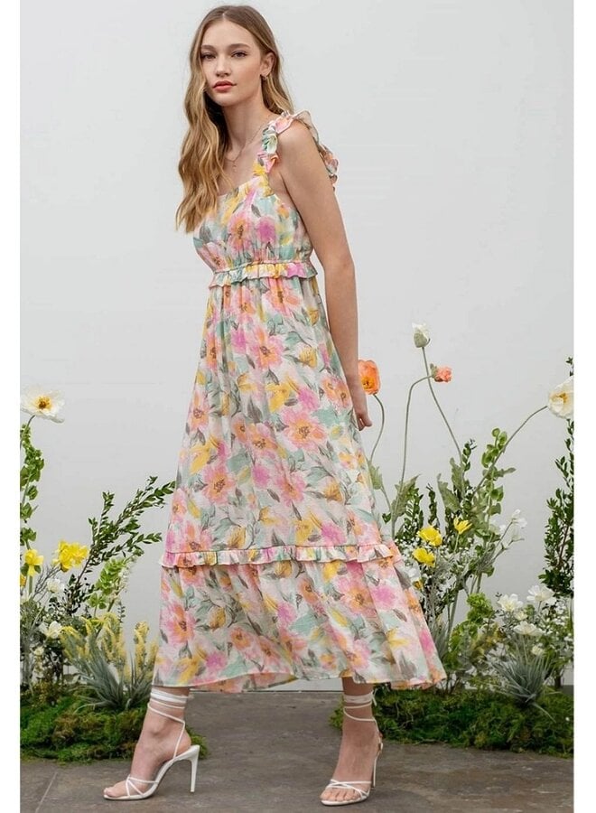 Watercolor floral print ruffle midi dress