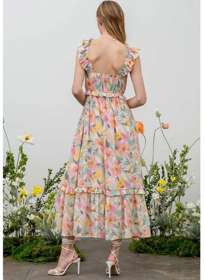 Watercolor floral print ruffle midi dress