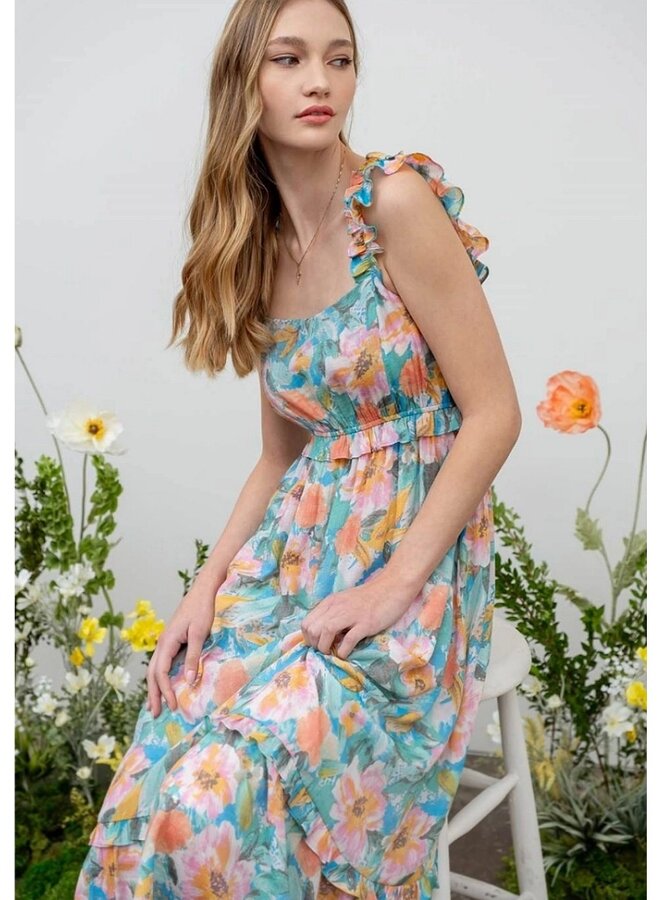 Watercolor floral print midi dress