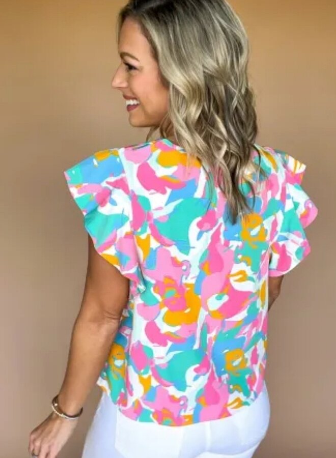 Splash print ruffle blouse