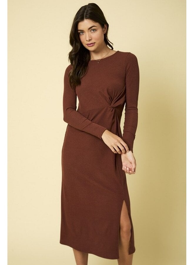 Long sleeve round neck twist midi dress