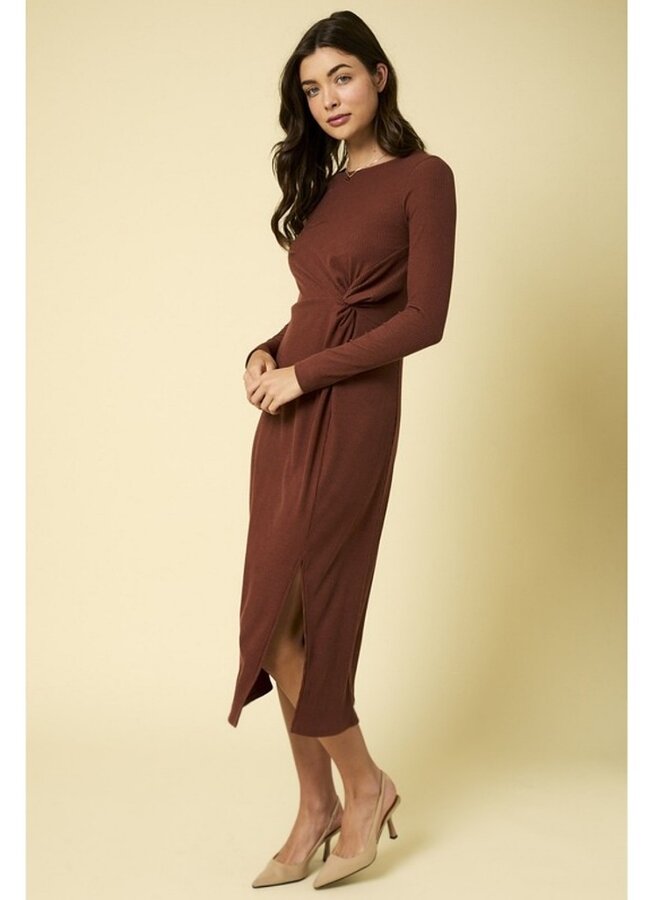 Long sleeve round neck twist midi dress