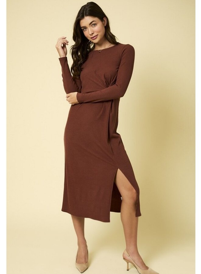 Long sleeve round neck twist midi dress