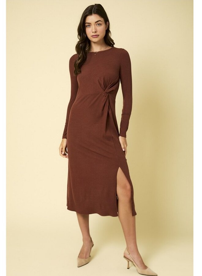 Long sleeve round neck twist midi dress