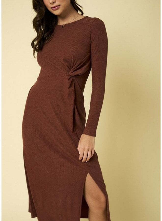 Long sleeve round neck twist midi dress