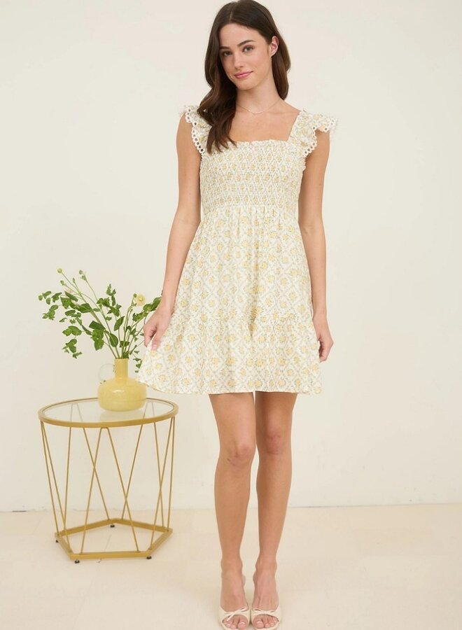 Floral trellis pattern smocked mini dress
