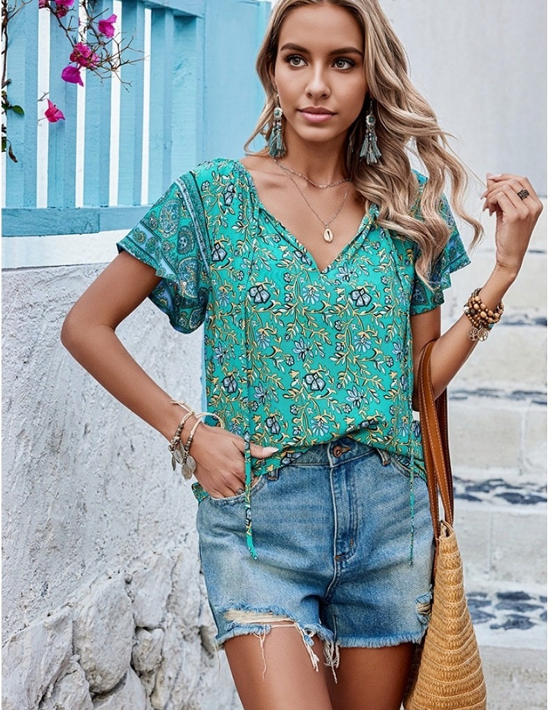 Boho floral print short sleeve blouse Lolli Pretty