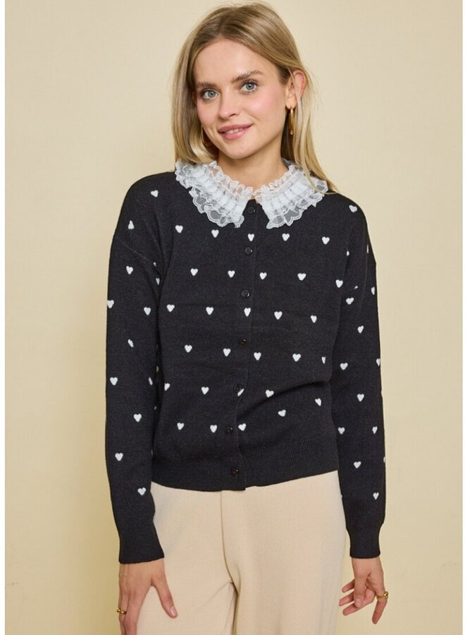 Knitted sweater with hearts and lace collar