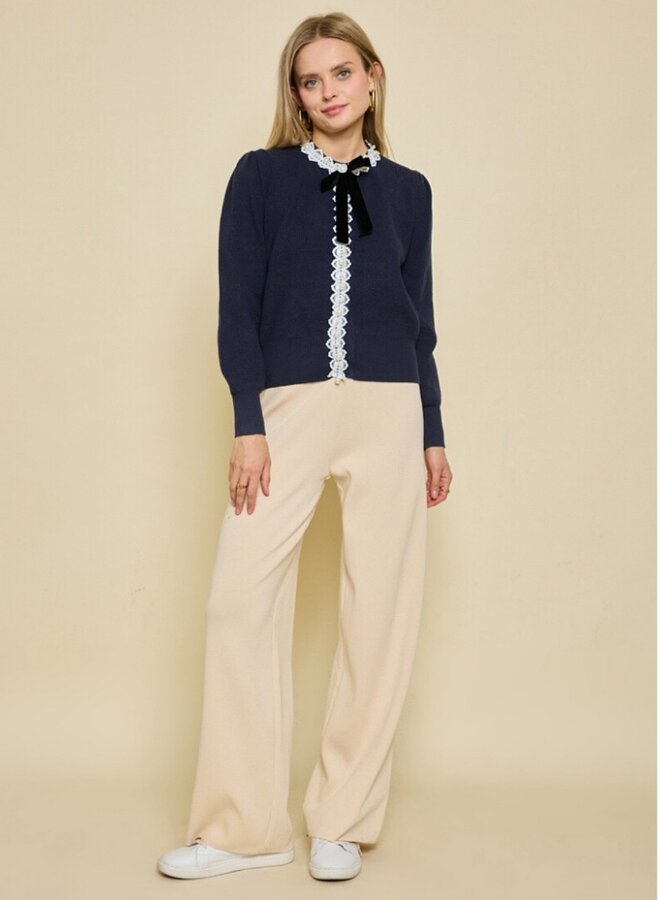 Waffle knit  top with lace and bow