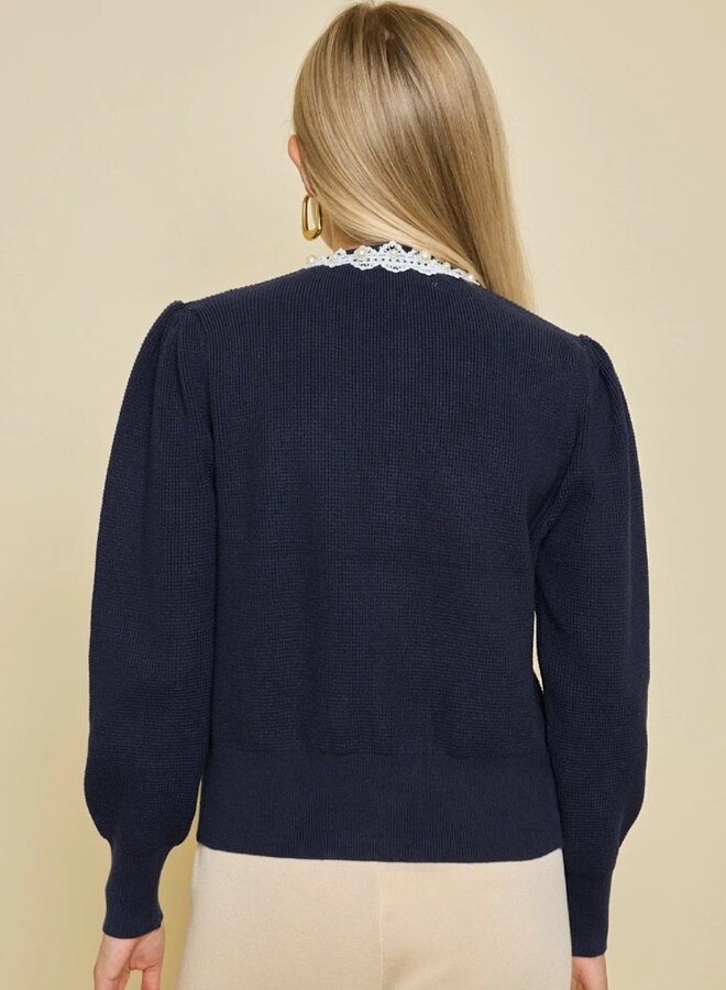 Waffle knit  top with lace and bow
