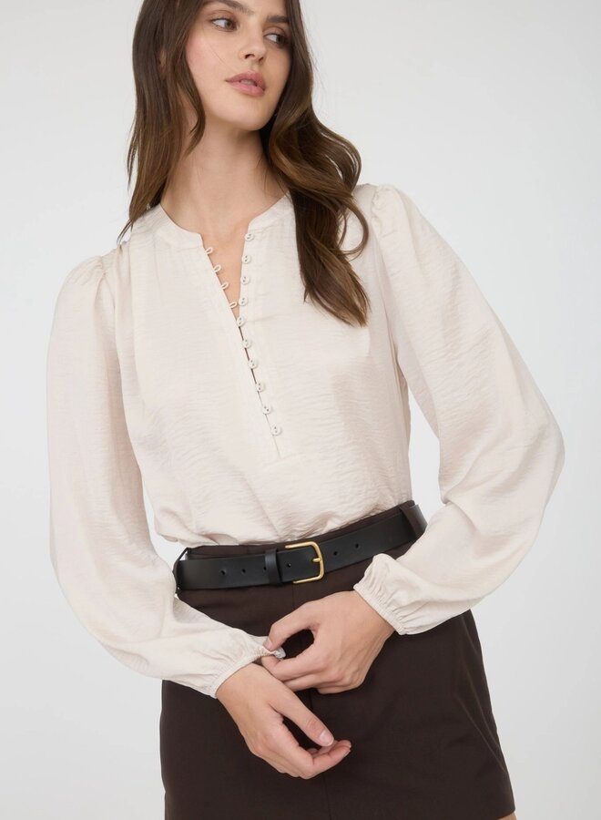 Textured half button long sleeve blouse