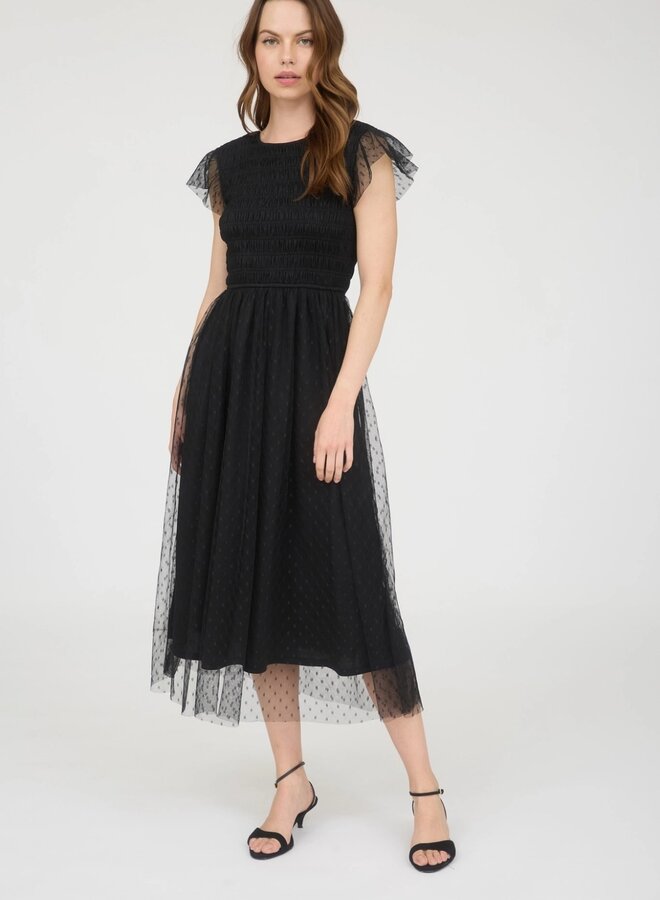 Polka dot chiffon smocked midi dress