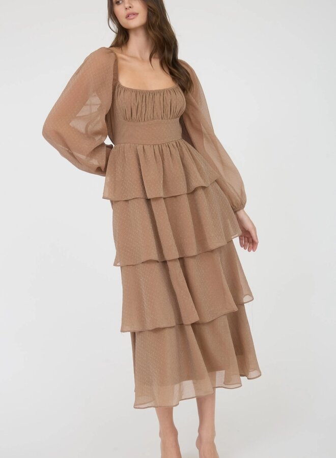 Lurex ruffle tiered long sleeve midi dress
