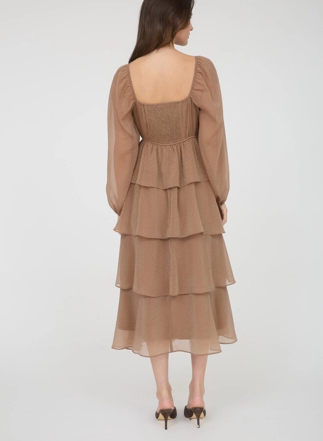 Lurex ruffle tiered long sleeve midi dress