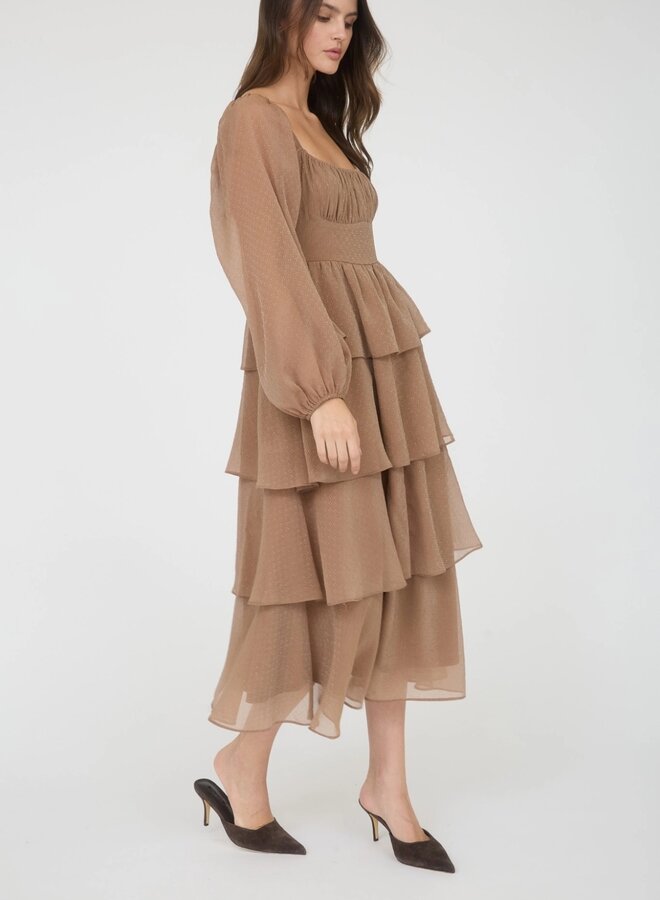 Lurex ruffle tiered long sleeve midi dress