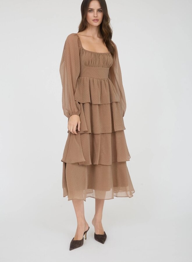 Lurex ruffle tiered long sleeve midi dress