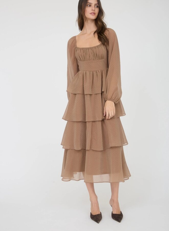 Lurex ruffle tiered long sleeve midi dress